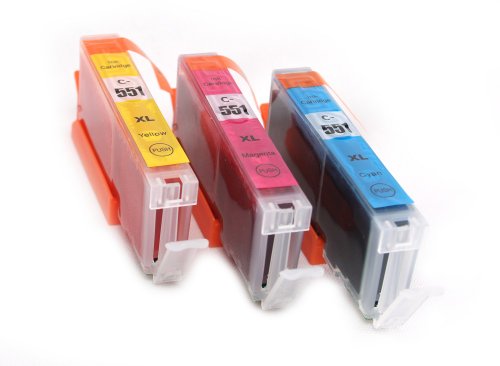 Farbset - 3 komp. XL Druckerpatronen für Canon Pixma MG7550 MG7150 MG6650 MG6450 MG6350 MG5655 MG5650 MG5550 MG5450s MG5400 MG5450 IP7250 IP8750 IX6850 MX725 MX925 kompatibel 1 x 551C XL blau 1 x 551M XL rot 1 x 551Y XL gelb mit Chip