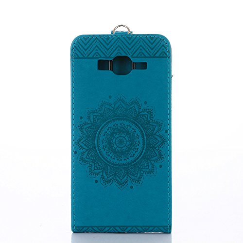 Galaxy Grand Prime Hülle,Galaxy Grand Prime Schutzhülle,Galaxy Grand Prime Leder Hülle,ikasus® Prägung Floral Spitze Blumen Mandala Muster PU Lederhülle Flip Hülle im Bookstyle Cover Schale Slim Fit Soft Silikon Magnetverschluss Schutzhülle PU Leder Hülle Flip Wallet Case Kunstleder Tasche Cover mit Standfunktion und Kartenfächer Tasche Wallet Case für Samsung Galaxy Grand Prime G530F – Blau - 2