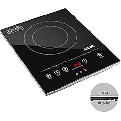 Plaque à Induction Portable Ultra-fin 2000W avec Minuterie de 3 Heures, 10 Réglage de Puissance et Verrou de Sécurité,Commande Tactile, Plaque de Cuisson avec Surface en Verre Cristal Poli Noir,Aicok