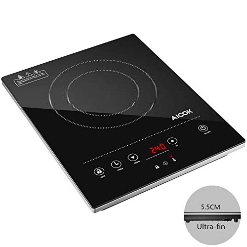 Plaque à Induction Portable Ultra-fin 2000W avec Minuterie de 3 Heures, 10 Réglage de Puissance et Verrou de Sécurité,Commande Tactile, Plaque de Cuisson avec Surface en Verre Cristal Poli Noir,Aicok
