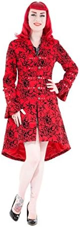 Pretty Kitty Fashion Red Vintage Tattoo Flock Fabric Long Coat