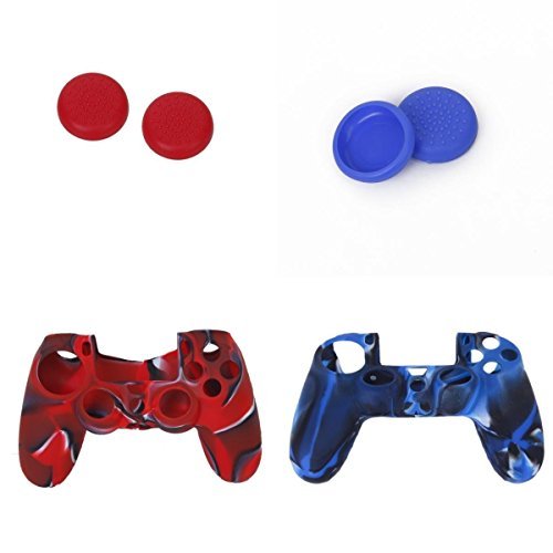 Musuntas 2 pcs. De couverture de silicone et 2 paires de chaussettes joystick bouchon de stick et remplacer PlayStation contrôleur 4 PS4 rouge et bleu