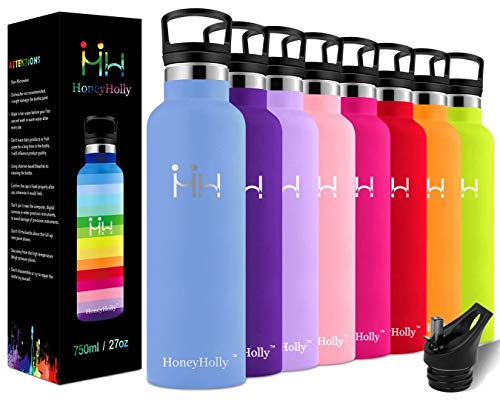 HoneyHolly Botella de Agua Acero Inoxidable sin BPA 350ml/500ml/600ml/750ml, Aislamiento de Vacío de Doble Pared, Botellas Frío/Caliente, Reutilizable para Niños, Colegio, Sport, Gimnasio, Bicicleta