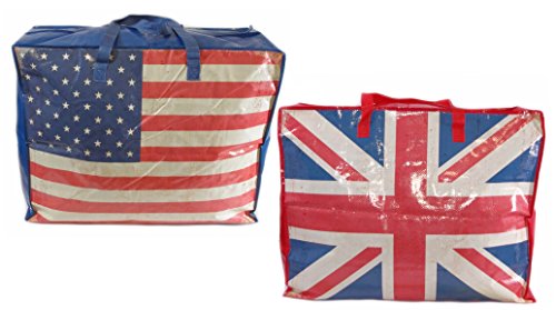 Preisvergleich Produktbild 2er Set extragroße Aufbewahrungstasche Riesentasche Wäschetasche Umzugstasche Jumbo Bag 90 Liter, Flaggen USA und UK