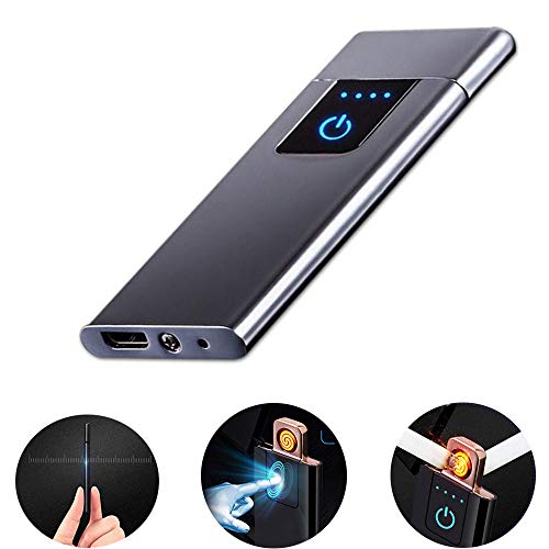 LayOPO - Mechero Recargable USB con Huella Dactilar, 0,15 Pulgadas, Ultrafino, portátil, eléctrico, Resistente al Viento, Encendedor de Plasma sin Llama para Cigarrillos, Velas, Helles Silber