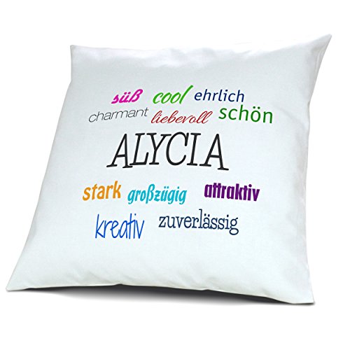 Kopfkissen mit Namen Alycia - Motiv Positive Eigenschaften, 40 cm, 100% Baumwolle, Kuschelkissen, Liebeskissen, Namenskissen, Geschenkidee, Deko