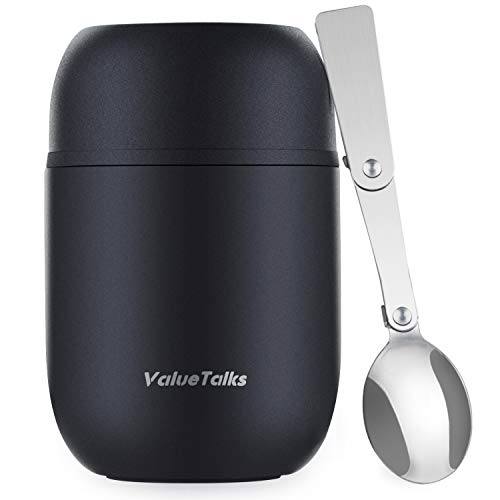 ValueTalks Termo para Comida 450ML Tarro de Comida de Acero Inoxidable Aislado al vacío Frasco con Una Cuchara Plegable(Negro)