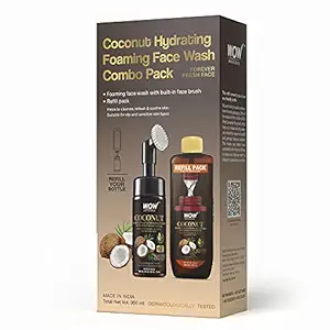 WOW Skin Science Coconut Foaming Face Wash Combo Pack- Consist of Foaming Face Wash with Built-In Brush & Refill Pack - No Parabens, Sulphate, Silicones & Color - Net Vol. 350mL