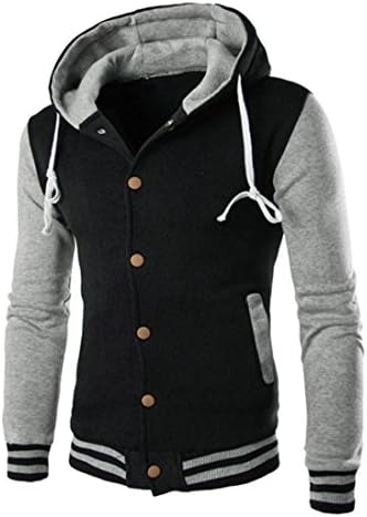 Patchwork Hooded Jacket Cotton Cardigan Sweatshirt for Men FriendG Male Drawstring Long Sleeve Coat Casual Slim Fit Party Beach Tops Blouse Outwear with Pockets and Hood (XXXL, Gray)