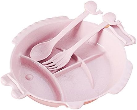 LINAG Babies Tableware Dishes Sets Tray Fork Spoon Tip Children's Cutlery Separate Toddler Feeding Training Self-Feeding Travel,Pink