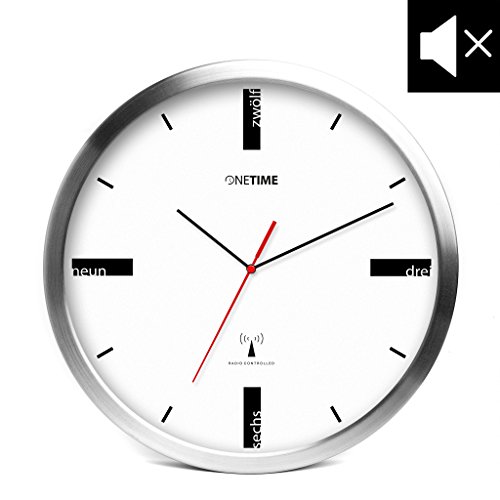 ONETIME MNU 5200 Designer Funkwanduhr aus Aluminium mit LAUTLOSEM SWEEP Uhrwerk - 30,5 cm 12 Zoll (Ø) - kein Ticken