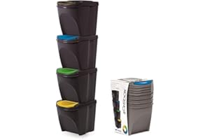 KrysGo 20 Litre Large Stackable Recycling Sorting Colour Coded Plastic Bins with Hinged Lids (4 x Black)