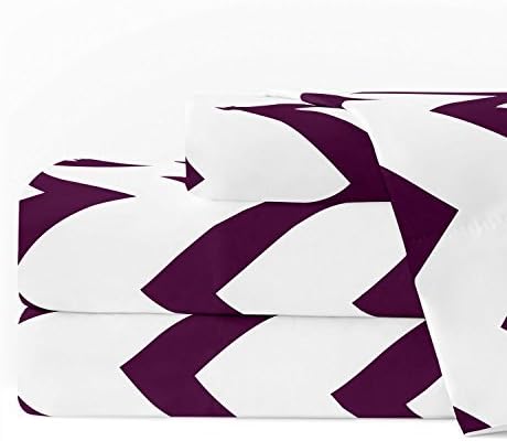 Prestige Linens 1800 Hotel Collection Chevron Pattern Bed Sheet Set - Deep Pockets, Wrinkle &amp; Fade Resistant, Hypoallergenic Printed Sheet &amp; Pillow Case Set - Queen - White/Eggplant