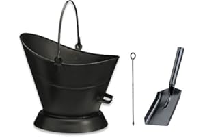 SRENDI Heavy Duty Metal Fireside Waterloo Bucket Fireplace Hod Scuttle Coal Fuel Ash Wood Log Storage Option with Shovel and Poker (Black Waterloo Bucket+Shovel & Poker)