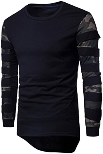 Men Long Sleeve Camouflage Polo T Shirts, Mens Casual Stiching Shirt Tops Autumn Winter Irregular Long Tee Jumper Cotton O Neck Blouse Sweatshirt (Black, M)