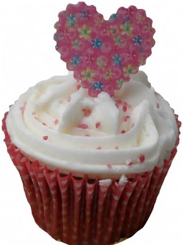 (SH) Pink Flowers, Designs By Hannah Scalloped Heart Edible Rice Paper Cup Cake Wedding Cake Decoration x 24