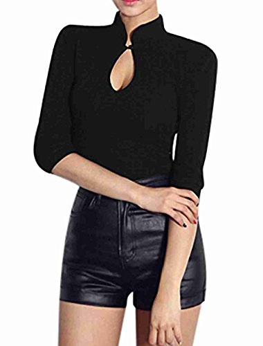 Move&Moving(TM) Women Mandarin Collar Long Sleeves Cut Out Detail Casual Tops Black S