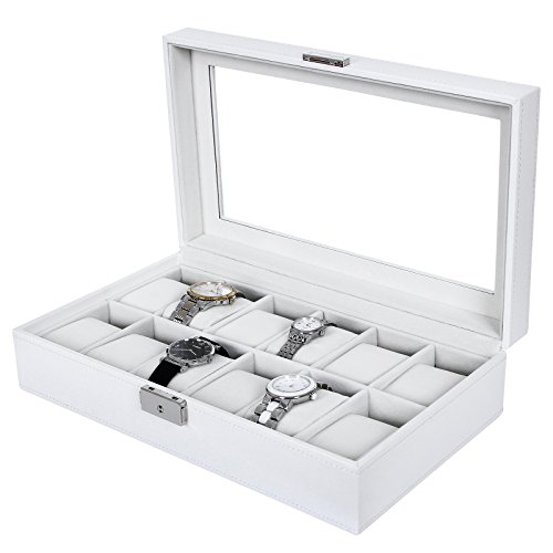 Songmics Uhrenbox für 12 Uhren Uhrenkasten Weiß JWB202 - 2