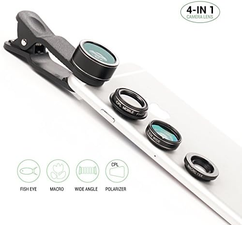 4 in 1 Phone Lens Kits, 198°Fish eye + 0.63X Wide Angle + 15X Macro + CPL Lens , HD Clip-on Lens Kits for iPhone 7 6s 6s plus 6 plus 5s SE, Samsung Galaxy, Android &amp; Most Smartphones, Tablet