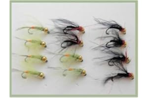 TROUTFLIESUK Jig Nymphs, trout flies 12 x Black Red Holo & Olive, Size 12 to 16, BARBLESS Fly Fishing