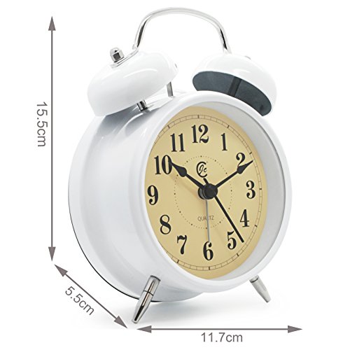JCC Retro Doppelglocke wecker nicht tickende lautlos Analog Quarz Bedside Tischuhr mit 5 Minuten Snooze wiederholen Alarmfunktion, Nachtlicht und Loud Alarm – batteriebetrieben (Weiß) - 4
