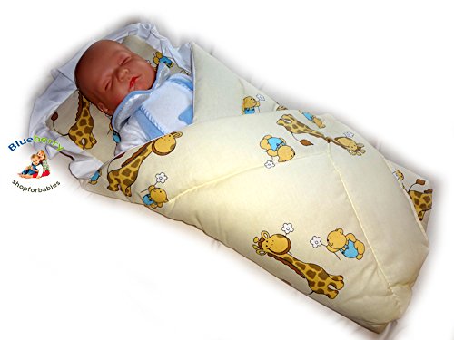 BlueberryShop Classic with Pillow Swaddle Wrap Blanket Sleeping Bag for Newborn, baby shower GIFT 100% Cotton, 0-3m ( 0-3m ) ( 78 x 78 cm ) Cream Giraffe