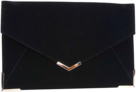 Ladies Envelope Clutch Evening Bag Wedding Prom Party Suede Velvet Handbag Purse (Black)