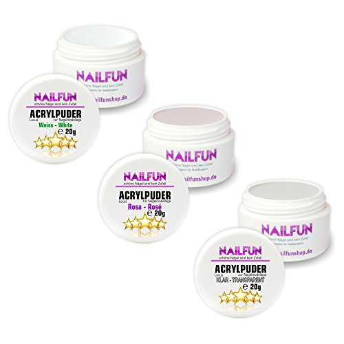 NAILFUN Acryl Starter und Auffüll Set No. 1 [ 3 x je 20g Acrylpuder weiss, klar, pink + 100ml Acryl-Flüssigkeit Liquid Premium + 5er Set Acryl Pinsel + Haftvermittler Primer 15ml u.v.m. ] – Acryl-Set für Nagelstudios - 3