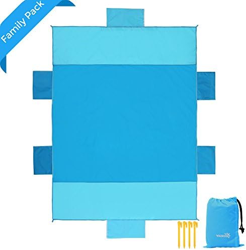 Picnic Blanket Camping Mat Ripstop Nylon with Big Anchor Pockets &amp; Stakes/Pegs- 78" x 59" Quick Drying Waterproof Windproof-VICIVIYA Beach Blanket Mat Sand Free Compact- Dark Blue