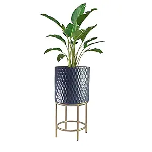 GIG Handicrafts Classic Diamond Hammered Iron Planter with Iron Stand Plant Holders for Blacony Living Room Outdoo Indoor (26 cm x 26 cm x 55 cm, Enamel Blue and Gold)