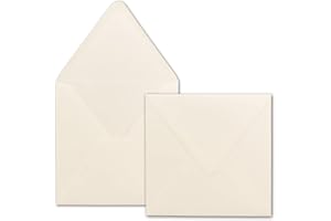 75 kwadratowych kopert w kolorze kremowym – 14,5 x 14,5 cm – klejenie na mokro ze spiczastą klapką – 120 g/m² – marka: NEUSER PAPIER