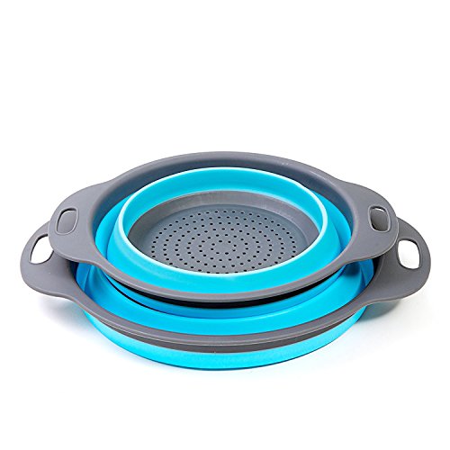 2 piezas Cocina Plegable Colador de Silicona Colador Plegable Cesta de Frutas Coladores Cocina Respetuosos del Medio Ambiente no Tóxico Fácil de Limpiar (Azul)