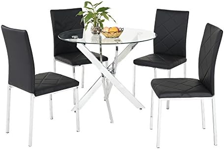 Pandamoto Glass Round Dining Table And 4 Faux Black Leather Dining Chairs Seats (black)