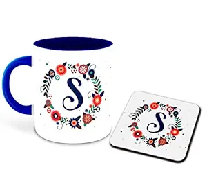 DecorVecor - Letter S Name Initial Alphabet Inspiration Printed Blue Inner Color Ceramic Coffee Mug with Coaster- Birthday | Anniversary | Best Gift | Hobby (Multi 19)