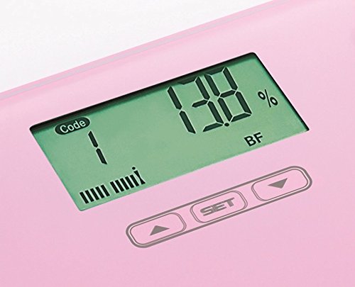 EXZACT Mini Körperanalysewaage/ Tragbare Elektronische Personenwaage/ Körperfettwaage/ Digitale Personenwaagen – Fett / Trink / Muskel / Knochen – 1.7 cm Dicke (Ultra Slim) – 12 Anwenderspeicher – 150 kg / 330 lb (Rosa) - 5