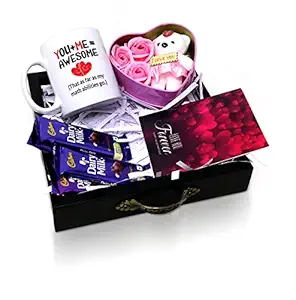 Kesri Gifts You And Me Awesome Printed Mug,Chocolate,Greeting Card and Heart Shape Teddy & Flower Box Valentines Day Gift For Husband,Wife,Girlfriend,Boyfriend(CVD22-129)