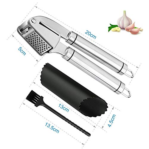 HJ Stay Real Spremiaglio Pressa Aglio Premium in Acciaio Inox Garlic Press Manuale per Cucina con Copertina in silicone e Pennelli