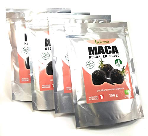 Maca Negra en Polvo. 250 g. Sin procesar, Sin Gluten, Bio y Vegana. Energía, Fertilidad, Equilibrio Hormonal y Salud Sexual para Mujeres y Hombres. Pack 4 unidades: 1 kg