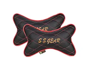 SSGEAR Imported Quilted Fabric Car Neck Rests Cushions - Universal for All Cars (Pack of 2 Pieces) Black and Red