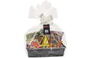 H-line Make Your Own Hamper Kit - Large Rectangle Wicker Basket Cellophane Wood Shred Bow Set (Grey) - Ideal for Christmas/Easter/Newborn Gift Hamper