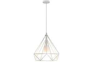 STOEX Lustre Suspension Cage en Fer forme Diamant 25CM, Lampe Suspendue Vintage E27 Eclairage pour Décor Salon Restaurant Chambre (Blanc)