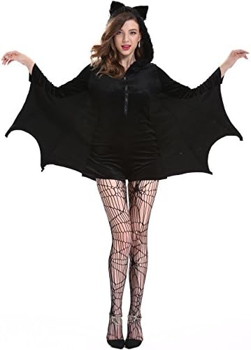 Ourlove Fashion Adult Cozy Bat Sexy Costume With Hood Halloween Cosplay Fancy Dress (UK 12, Black)
