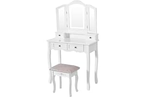 COLORSTONE Elegant LED Lights Tri-Fold Mirror Makeup Vanity Table Set Dressing Table with 4 Drawers, Cushioned Stool, Detachable Top(White)