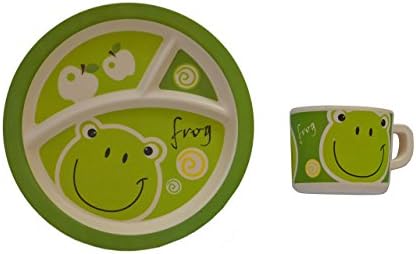 Kids Sectioned Plate &amp; Cup Bundle – Made from Bamboo Fibre in Frog Design by Mini Mumbler®| Tableware | Dinnerware | Mealtimes | Weaning | Eco-Friendly