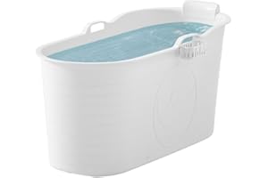 FlinQ - Bañera portátil XXL para adultos con accesorios de baño - 120 x 53,5 x 61 cm - Cómoda bañera de asiento para adultos para relajación profunda - También adecuada como barril de hielo - Blanco -