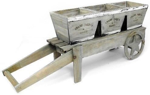 Rustic Wooden Cart Planter With 3 Pots