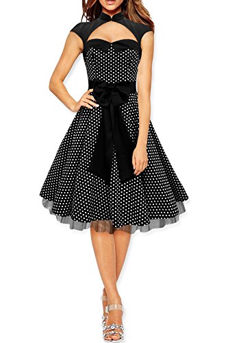 BlackButterfly 'Athena' Vestido De Lunares Con Gran Lazo (Negro - Lunares Blancos, ES 46 - XXL)