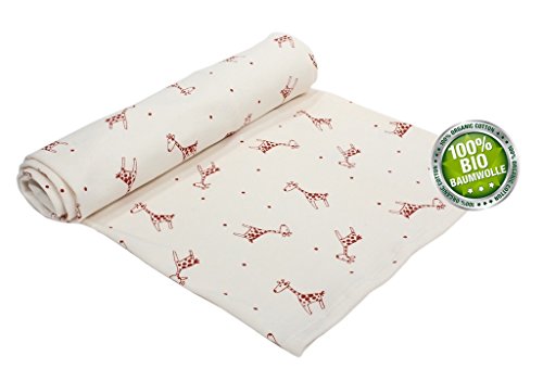 ByBoom® - Baby blanket, snuggle blanket, new born blanket, summer blanket, 70x100cm, made from 100% BIO COTTON, Color:White - Giraffe Red