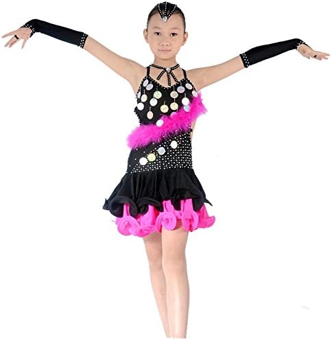 Byjia Children'S Student Straps Latin Dance Performance Costumes Girls Wear Kids Stage Performances Dresses Group Match Clothes Modern Rose Red 140Cm