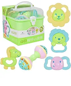 WISHKEY Plastic Cartoon Shaped Rattles with Soothing Teether Soft Silicon Chewable BPA Free Toy Set for New Born Baby Toddler Boys and Girls (Pack of 5, Multcolor)